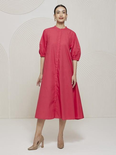 artagai viva magenta elevated basics flared calf length dress with balloon sleeves and kantha embroidery detailing