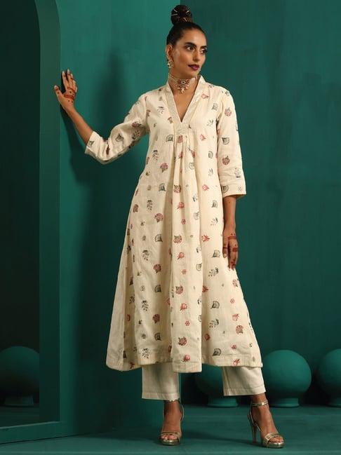 truebrowns cream embroidered kurta pant set