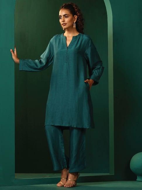 truebrowns green round neck kurta pant set