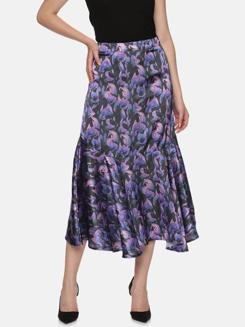 isu purple floral print a line midi skirt