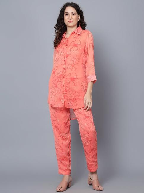 anvi be yourself peach printed relaxed fit mid rise trousers