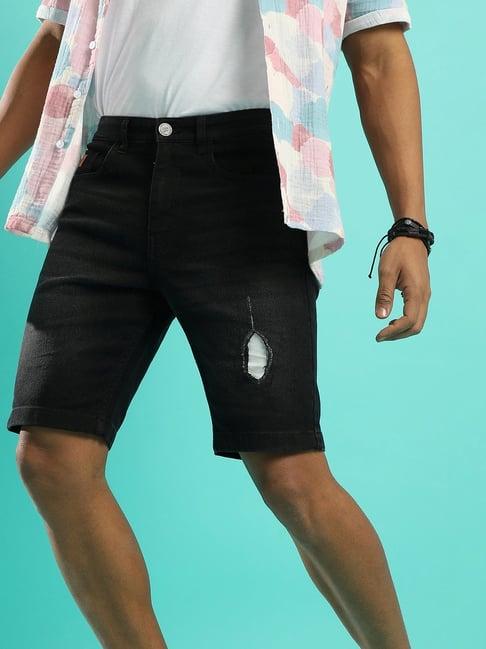 campus sutra black regular fit distressed denim shorts