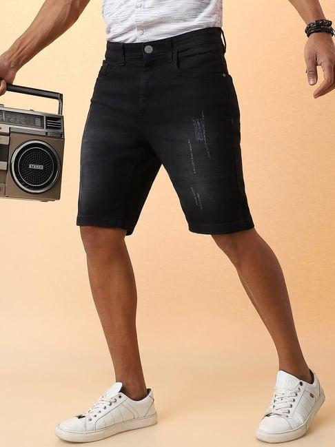 campus sutra black regular fit distressed denim shorts