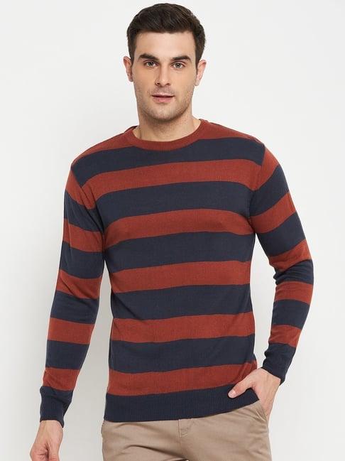 cantabil rust & blue regular fit striped sweater