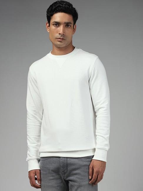 wes casuals by westside solid white ribbed relaxed fit sweatshirt