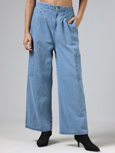 nuon by westside solid light blue wide leg cargo jeans