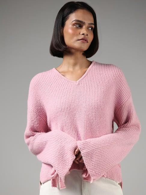 lov by westside light pink self-striped flared sleeves sweater