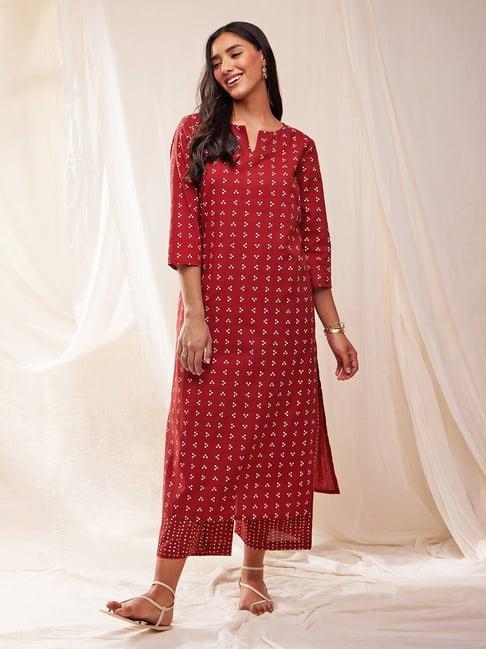 pink fort red printed kurta pant set