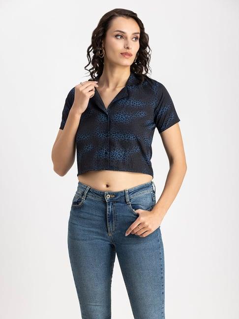 moomaya black & blue printed cropped shirt