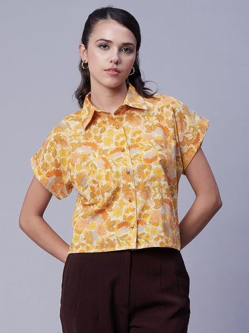 moomaya yellow & orange cotton floral print shirt