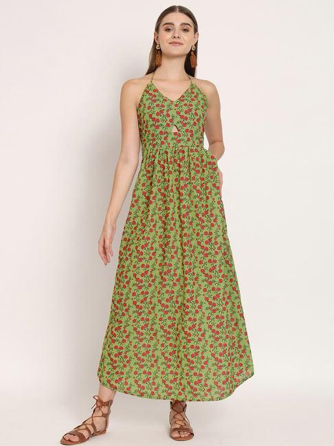 moomaya lime green & pink floral print maxi dress