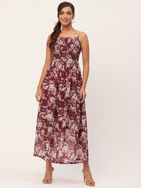 moomaya maroon & white floral print maxi dress