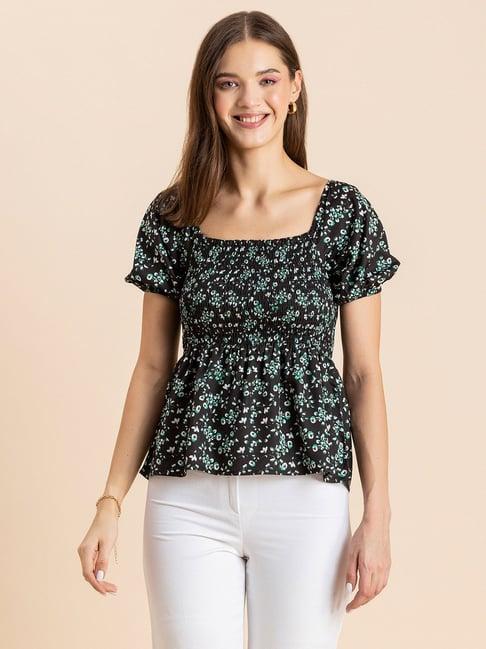 moomaya black & blue floral print peplum top