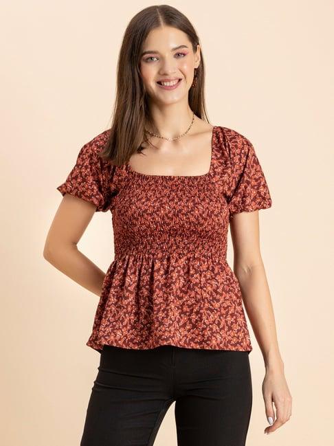 moomaya brown floral print peplum top