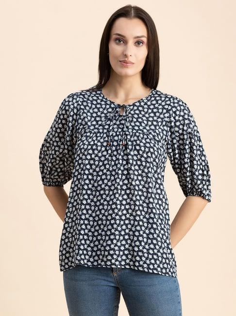 moomaya black & blue floral print top