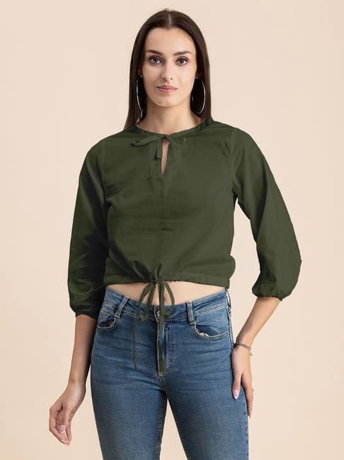 moomaya olive cotton regular fit crop top