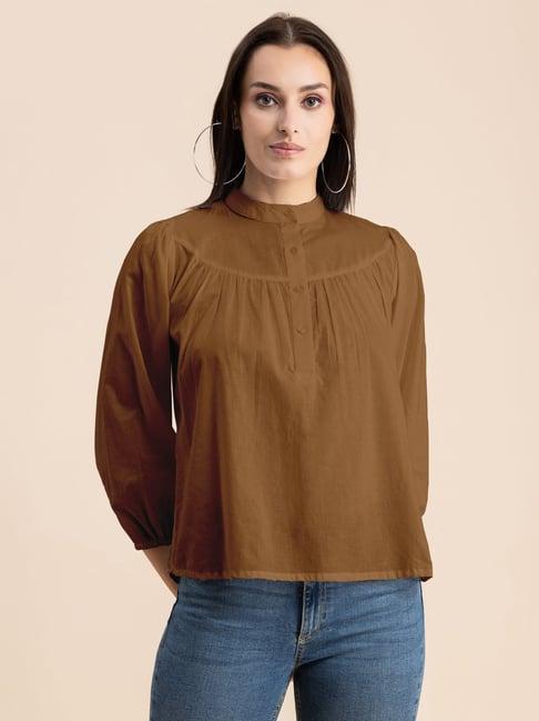 moomaya brown cotton regular fit shirt