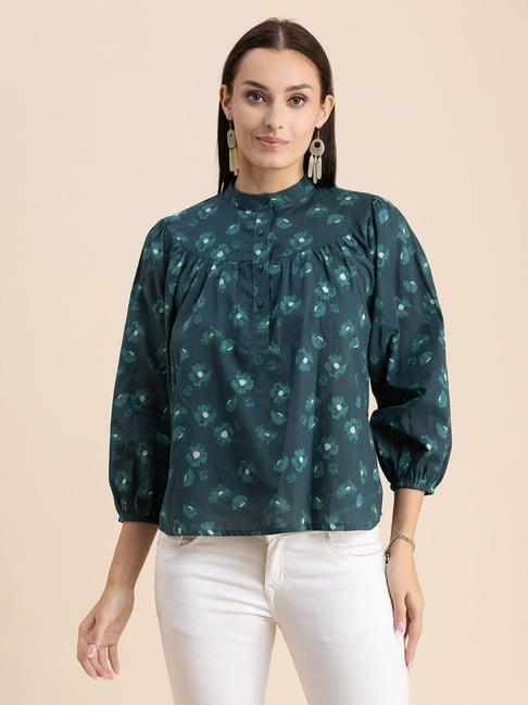 moomaya teal cotton floral print shirt