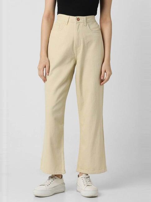 van heusen beige cotton high rise flared jeans