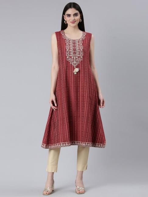 neerus maroon cotton embroidered anarkali kurta