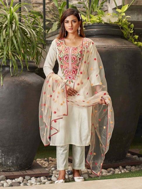 tikhi imli off-white cotton embroidered kurta pant set with dupatta