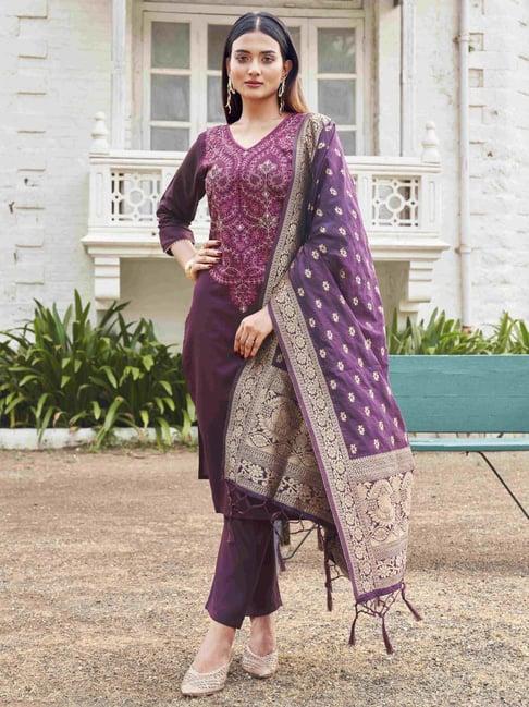 tikhi imli purple embroidered kurta pant set with dupatta