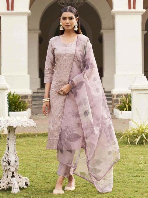 tikhi imli purple cotton embroidered kurta pant set with dupatta