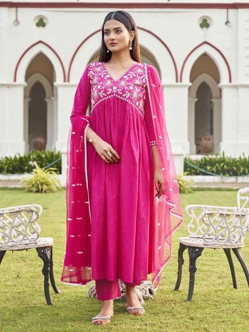 tikhi imli fuchsia cotton embroidered kurta pant set with dupatta