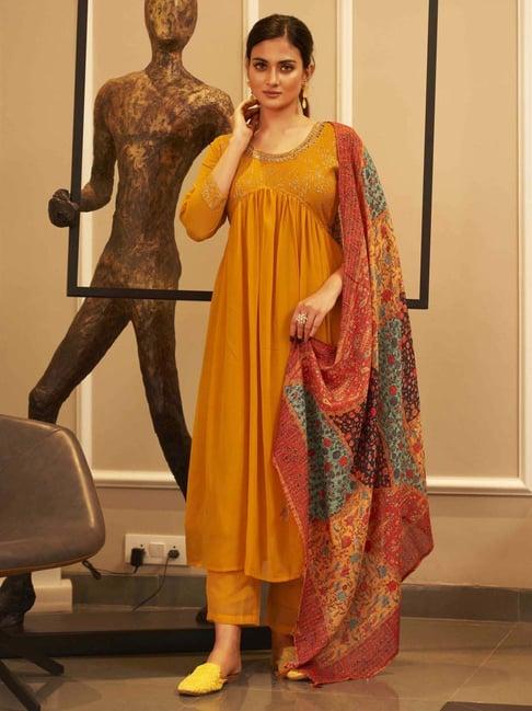 tikhi imli mustard embellished kurta pant set with dupatta