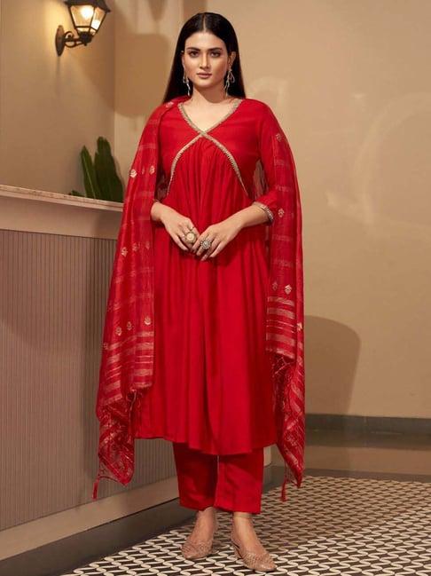 tikhi imli red embellished kurta pant set with dupatta