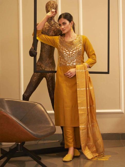 tikhi imli mustard embellished kurta pant set with dupatta