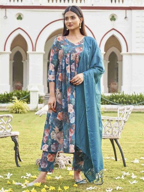 tikhi imli teal blue cotton embellished kurta pant set with dupatta