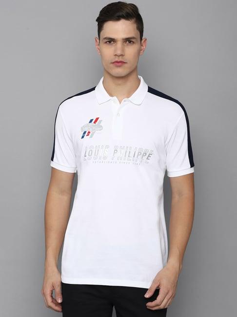 louis philippe sport white cotton slim fit printed polo t-shirt