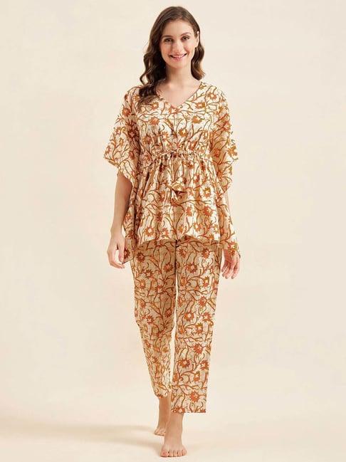 sweet dreams brown cotton printed kaftan & pyjama set