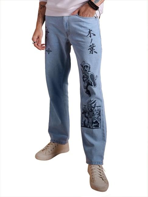 the souled store naruto: the gang blue lightly washed regular fit jeans