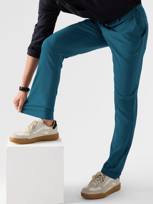 the souled store teal blue regular fit power stretch flat front trousers