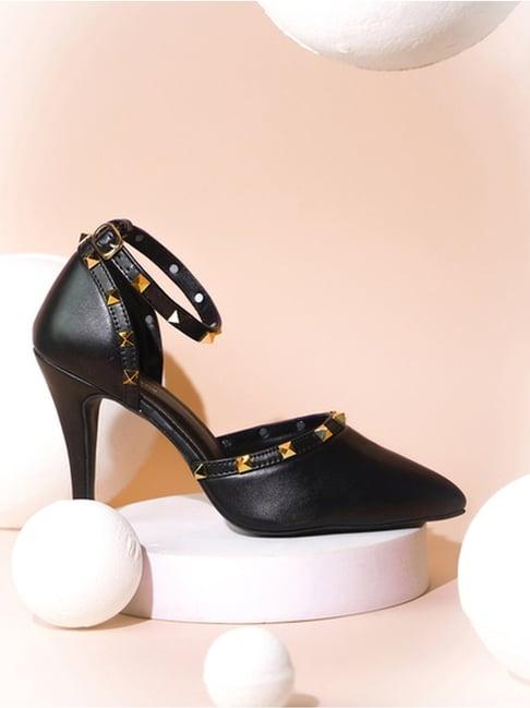 the white pole women's black ankle strap stilettos