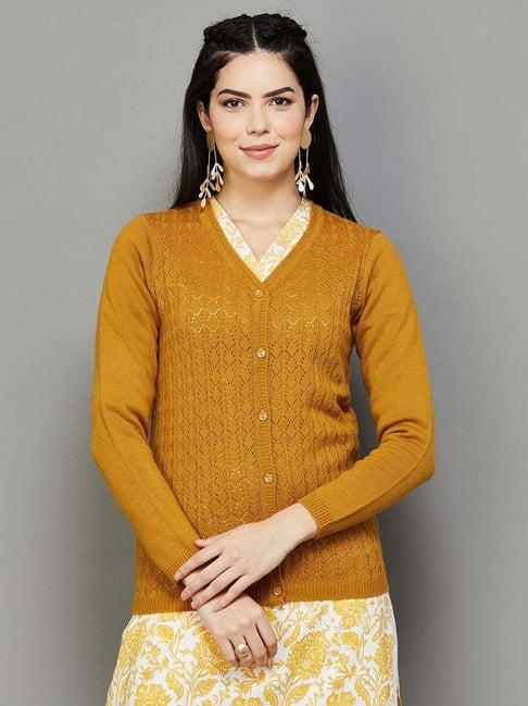 melange by lifestyle yellow self pattern cardigan