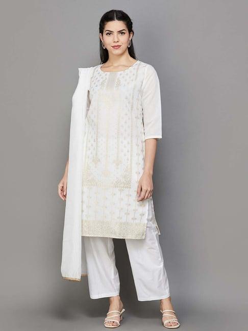 melange by lifestyle off-white printed kurta pant set with dupatta