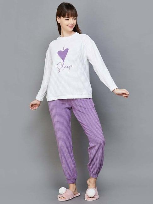 ginger by lifestyle white & purple printed top pyjama set