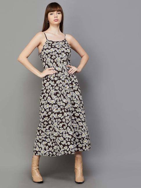 ginger by lifestyle brown & white floral print a-line dress