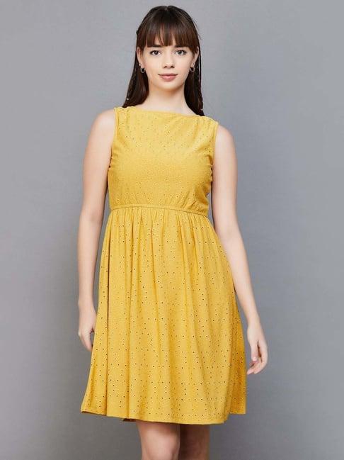 fame forever by lifestyle mustard embroidered a-line dress