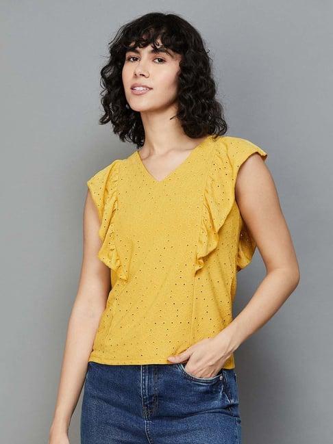 fame forever by lifestyle mustard embroidered top