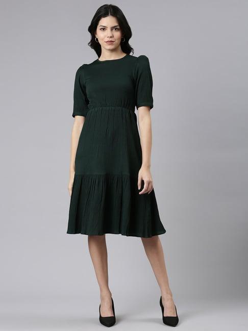 twin birds bottle green a-line dress