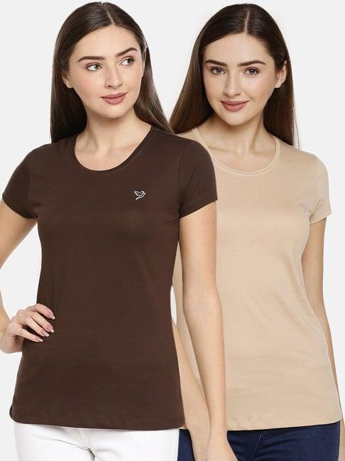 twin birds beige & brown cotton logo print t-shirt - pack of 2