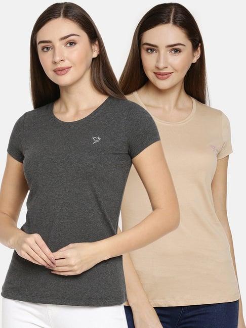 twin birds beige & grey logo print t-shirt - pack of 2