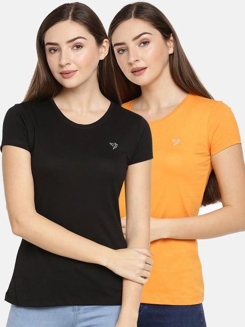 twin birds black & orange cotton logo print t-shirt - pack of 2