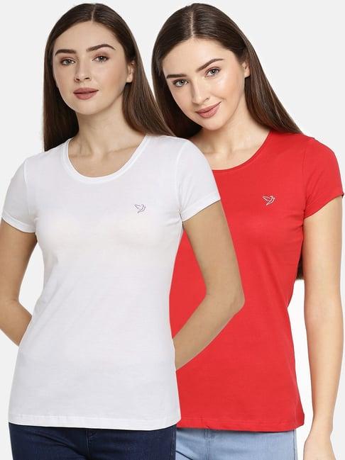 twin birds red & white cotton logo print t-shirt - pack of 2