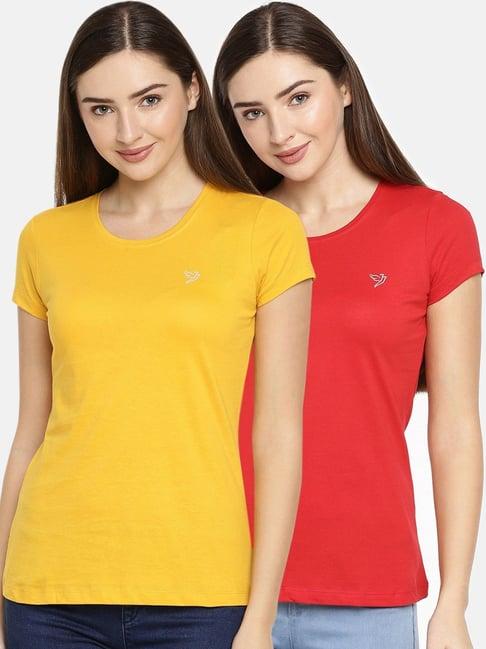 twin birds red & yellow cotton logo print t-shirt - pack of 2