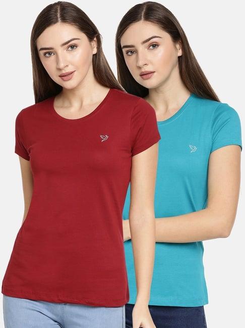 twin birds blue & maroon cotton logo print t-shirt - pack of 2